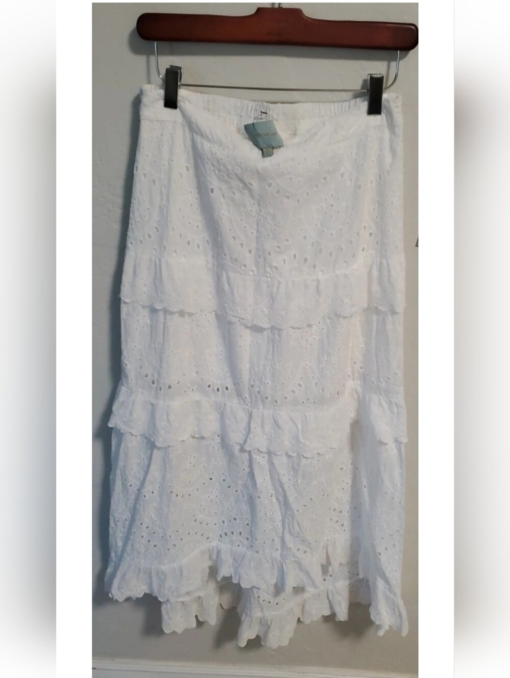 Skies Are Blue White Asymmetrical Eyelet Tiered Midi Skirt